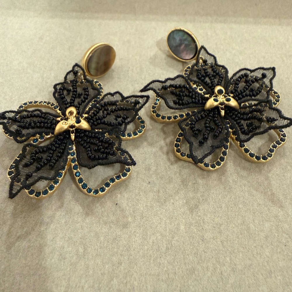 Mignonne Gavigan Black Floral Lace Drop Earrings with Gold Accents - Picture 2 of 5